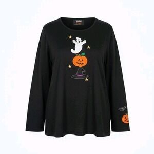Y2K Woman's Long Sleeve Halloween Shirt 1X Black Embroidered Ghost Witch Pumpkin